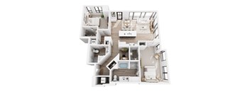 A top-down view of a modern, open-concept floor plan with a kitchen, living room, dining area, and two bedrooms.