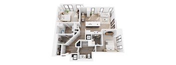 A white and wood floor plan of a house with a kitchen, living room, and bathrooms.
