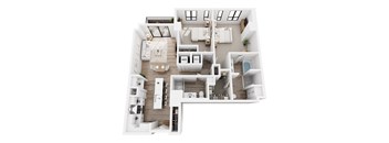 A top-down view of a modern apartment layout with a kitchen, living room, and bathroom.