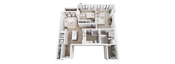 A top-down view of a modern apartment layout.