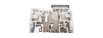 A top-down view of a modern, white-walled apartment with a kitchen, living room, and two bedrooms.