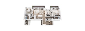 A white floor plan of a house with a kitchen, living room, and bathrooms.