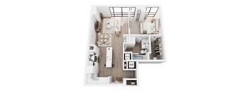 A top down view of a small apartment with a kitchen, living room, and bathroom.