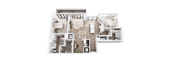 A top-down view of a house layout with a kitchen, living room, and dining area.