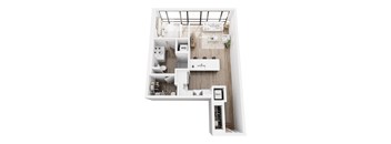A top down view of a modern apartment with a kitchen, living room, and bathroom.