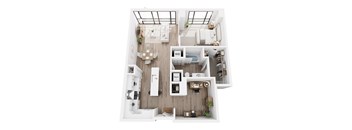 A top-down view of a modern apartment layout with a kitchen, living room, and bathroom.