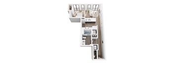 A white interior of a house with a kitchen, living room, and bathroom.