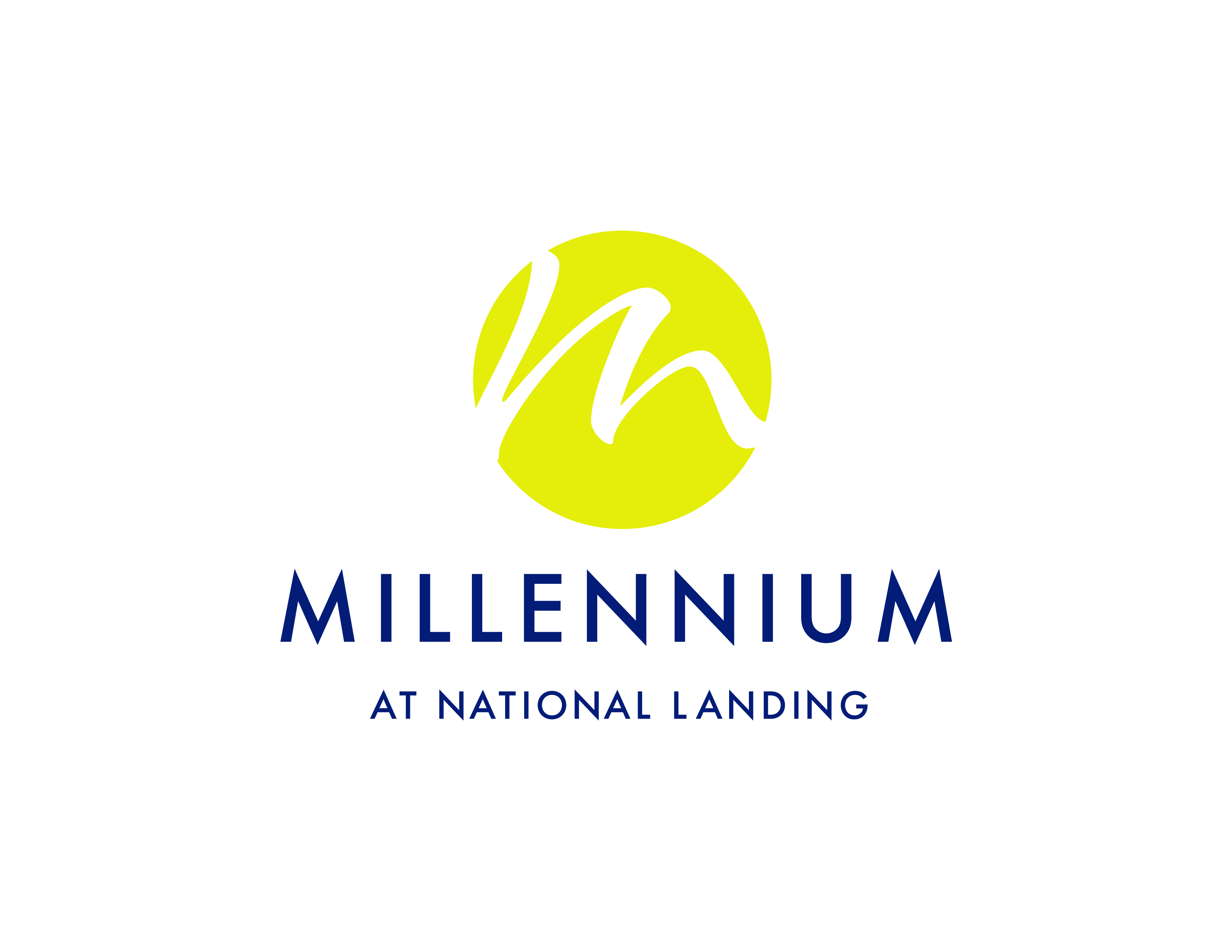 A logo with a yellow circle and a green swoosh, with the text "Millennium at National Landing" below it.
