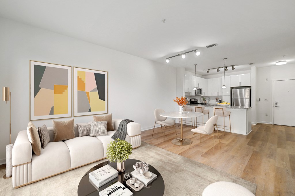 a living room with a couch and a table