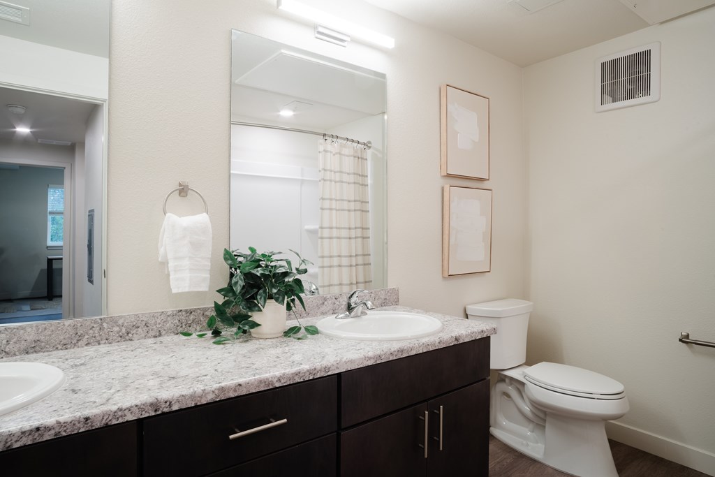 A bathroom with a white toilet and a marble counter top.