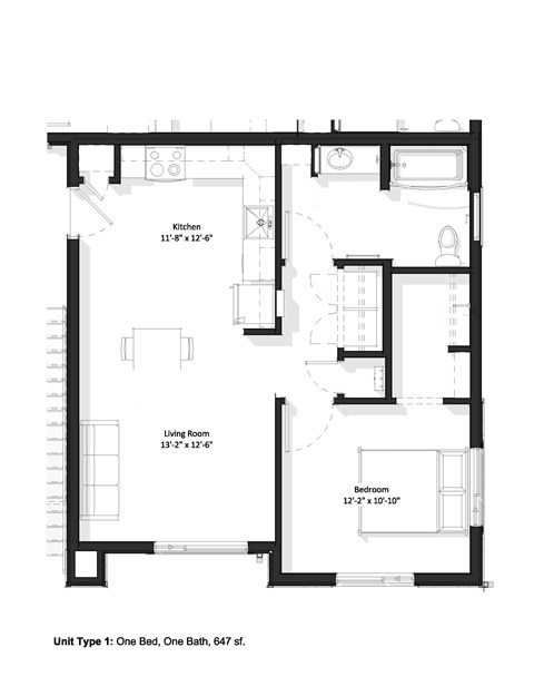A black and white image of a floor plan for a one bedroom apartment.
