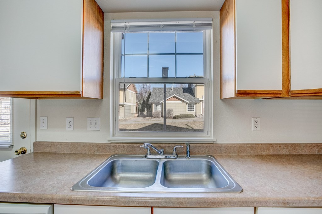 A kitchen with a double sink and a window overlooking a residential area.