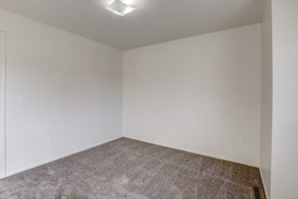 A room with a carpeted floor and a ceiling light.