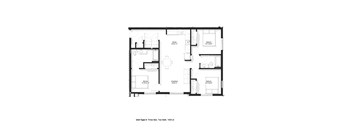 A black and white image of a floor plan for a three bedroom, two bathroom apartment.