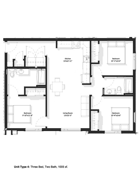 A black and white image of a floor plan for a three bedroom, two bathroom apartment.