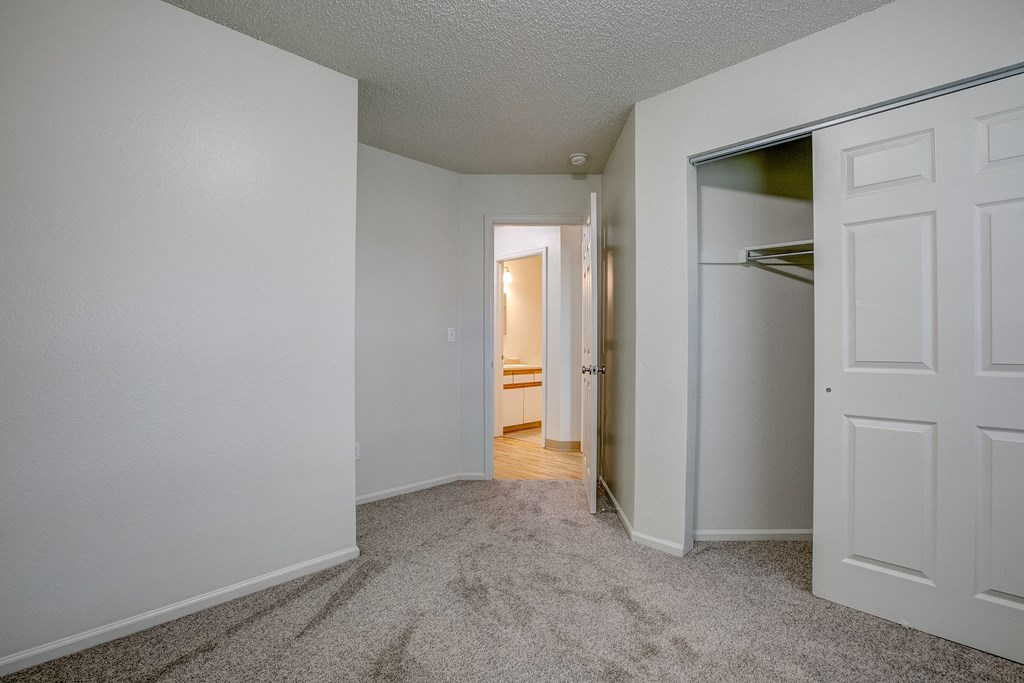 a bedroom with a closet and a hallway to a bathroom