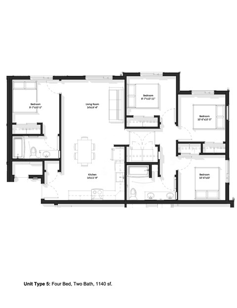 A floor plan of a residential unit with four bedrooms and two bathrooms.