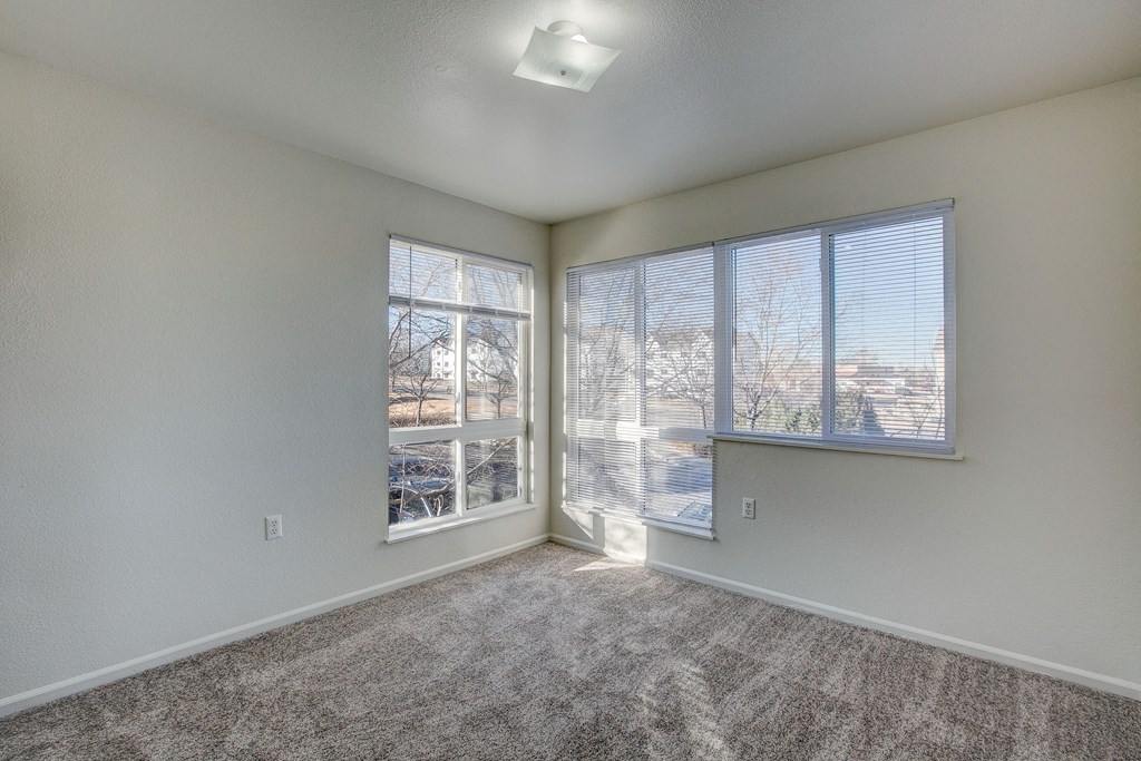 A room with a carpeted floor and a window with blinds.