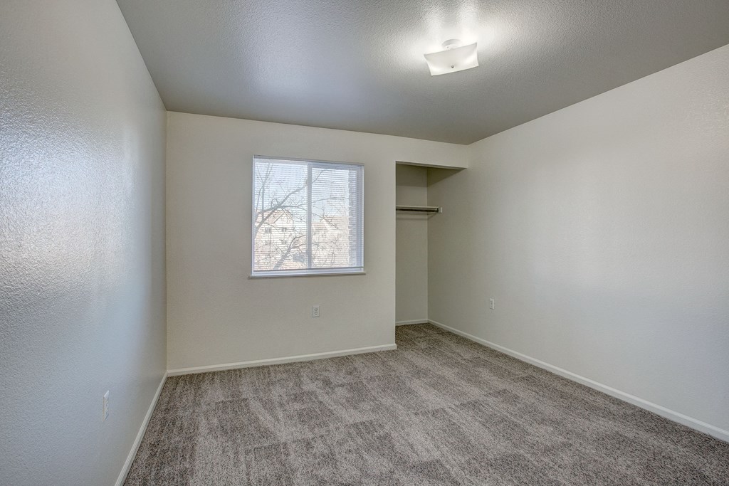 A room with a carpeted floor and a window.
