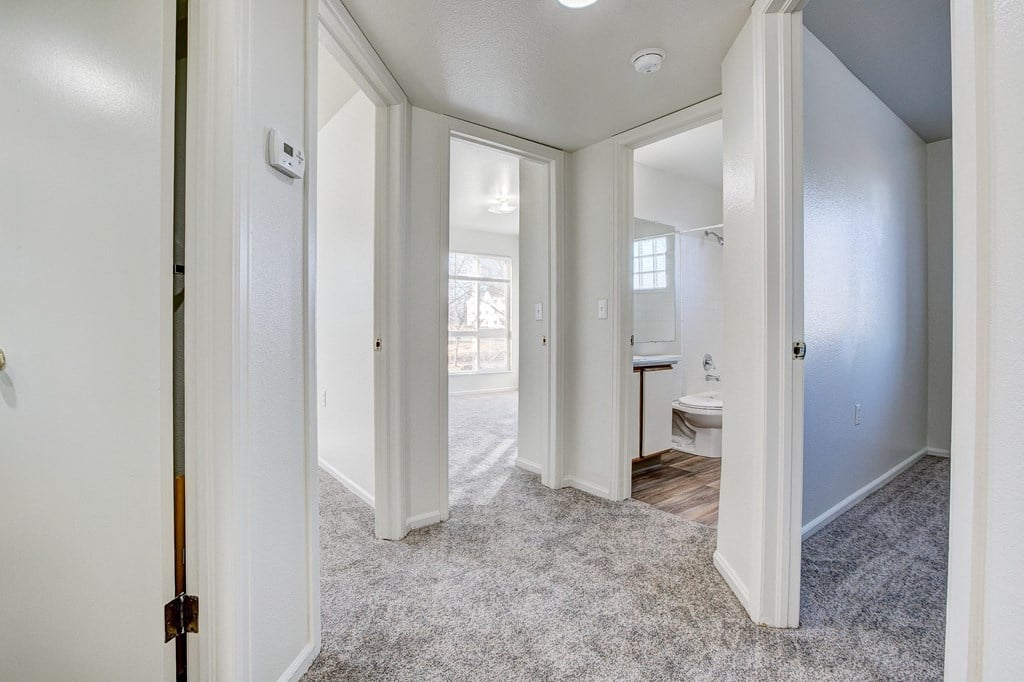 A white door is open to a room with a carpeted floor.