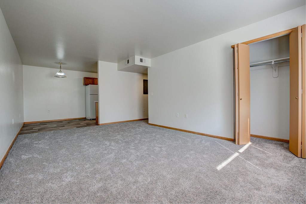 the living room of an empty house with a door to the closet