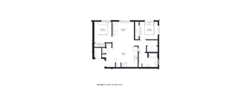 A floor plan of a two bedroom, one bathroom apartment.