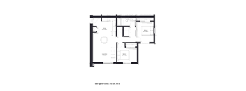 A floor plan of a two bedroom apartment with one bathroom.