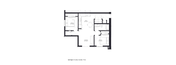A floor plan of a two bedroom apartment with one bathroom.