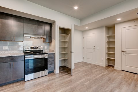 A kitchen with a stove top oven and a pantry.