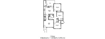 A floor plan of a 1 story 3 bedroom house with 1 1/2 baths.