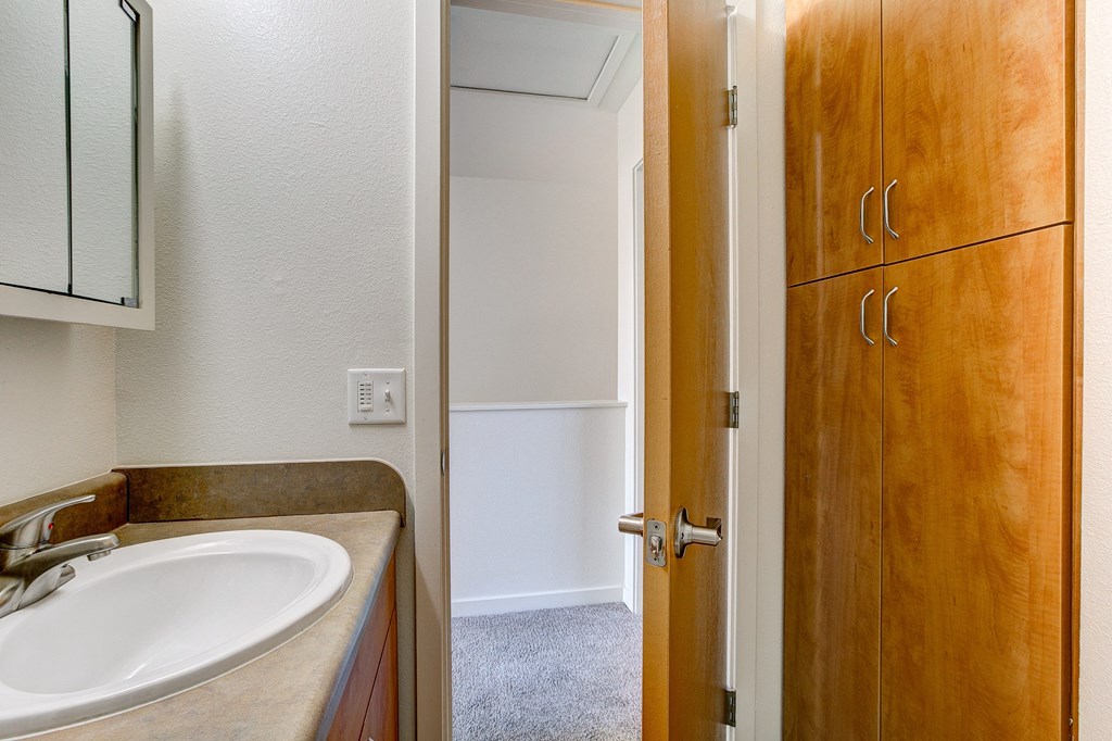 a bathroom with a sink and a mirror and a wooden door