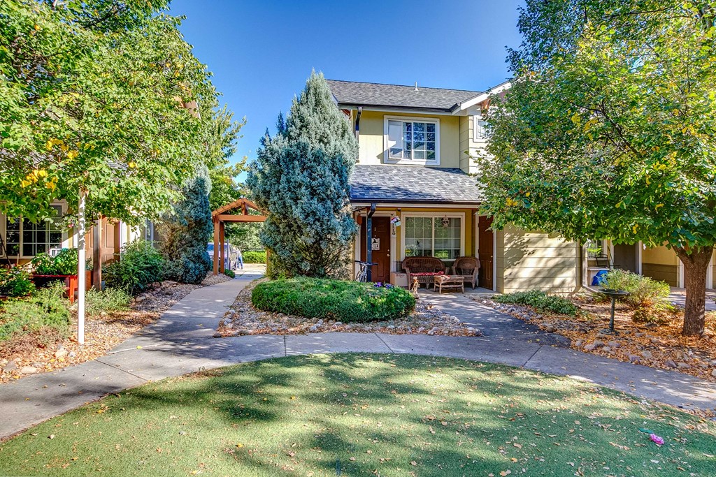 the front yard of a house with a driveway and trees