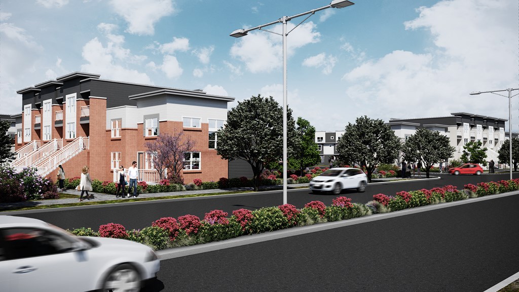 a rendering of a townhome building with vehicles driving and people walking in front of it