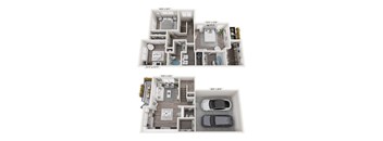 A floor plan of a two-story house with a garage.