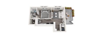 A floor plan of a small apartment with a bedroom, living room, and bathroom.
