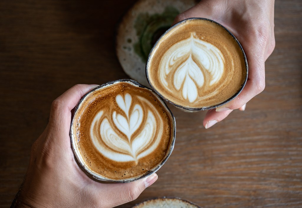 Two hands holding cups of coffee with latte art on top at The Avenue Lofts Golden Apartments, Golden