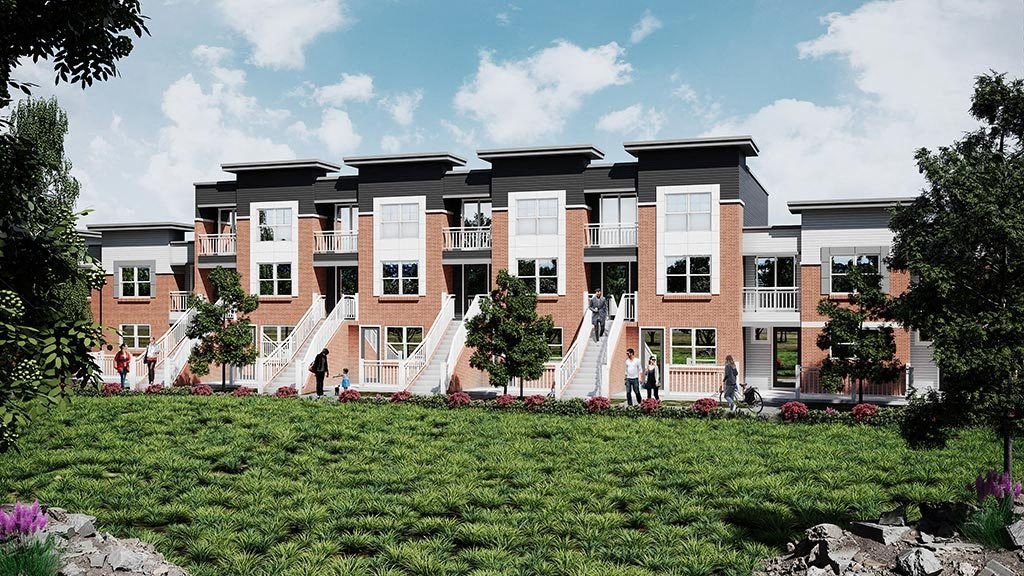 a rendering of a townhome building with people walking in front of it at Brownstones at Palisade Park, Colorado, 80023