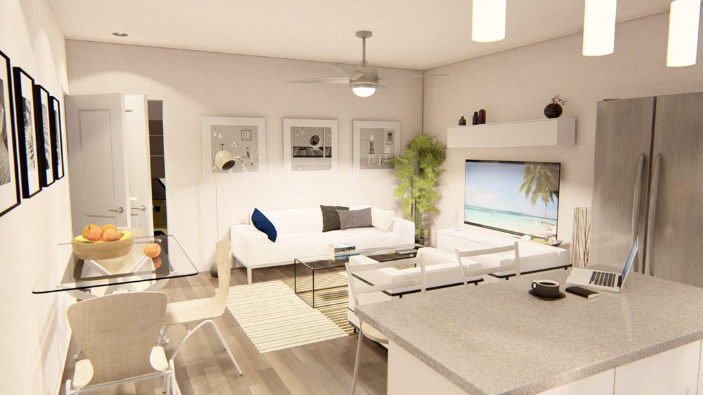 a rendering of a living room and dining room at Brownstones at Palisade Park, Broomfield, 80023