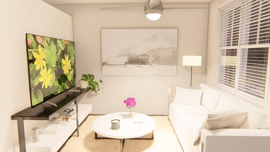 a rendering of a living room with a white couch and coffee table at Brownstones at Palisade Park, Broomfield, CO