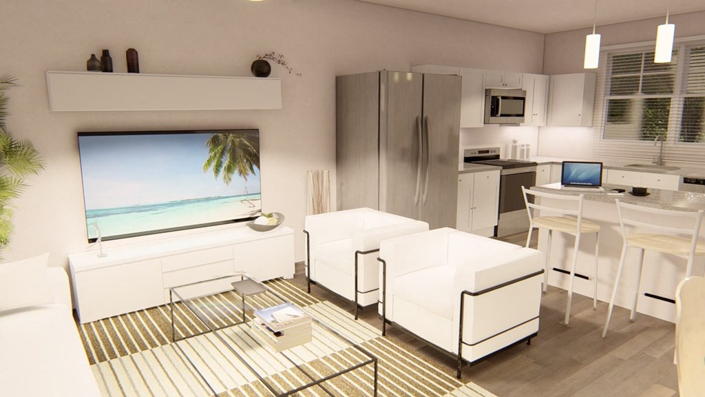 a kitchen and living room with white furniture and a striped rug at Brownstones at Palisade Park, Colorado