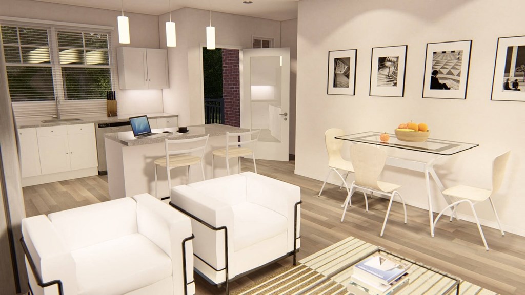 an open kitchen and living room with white furniture and a glass dining table with white chairs at Brownstones at Palisade Park, Broomfield, 80023