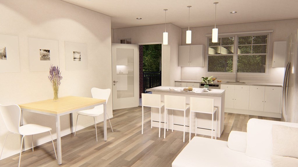a rendering of a kitchen and dining room at Brownstones at Palisade Park, Broomfield, CO