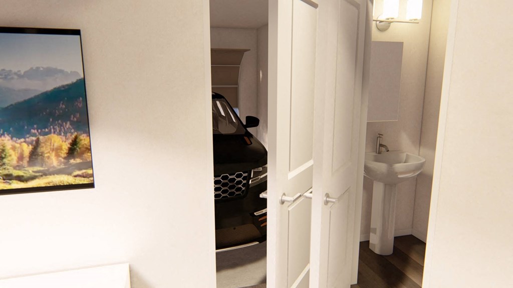 a white door opens to a white bathroom with a sink and a white sink at Brownstones at Palisade Park Townhomes, Colorado, 80023
