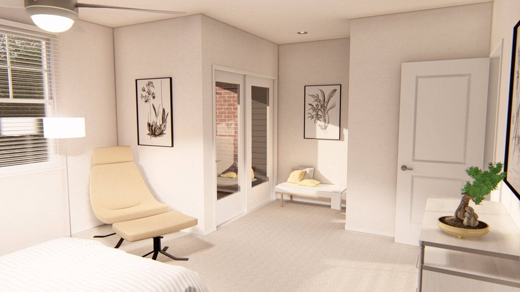 a bedroom with a bed and a chair in a room at Brownstones at Palisade Park Townhomes, Colorado