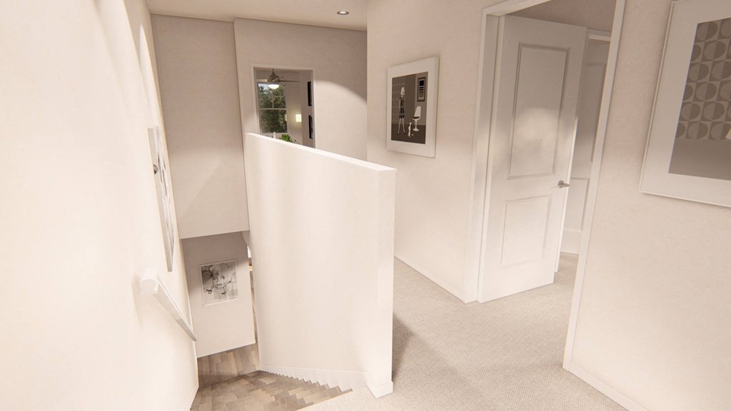 a view down the hall from the top of the stairs at Brownstones at Palisade Park Townhomes, Broomfield, CO