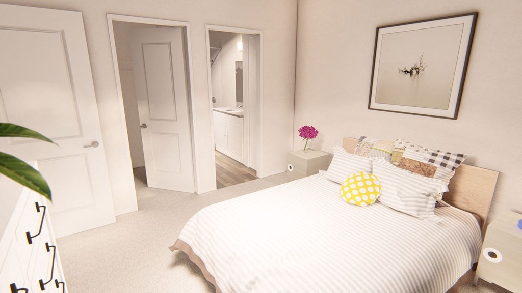 a bedroom with white walls and a white bed with striped bedding at Brownstones at Palisade Park Townhomes, Broomfield Colorado