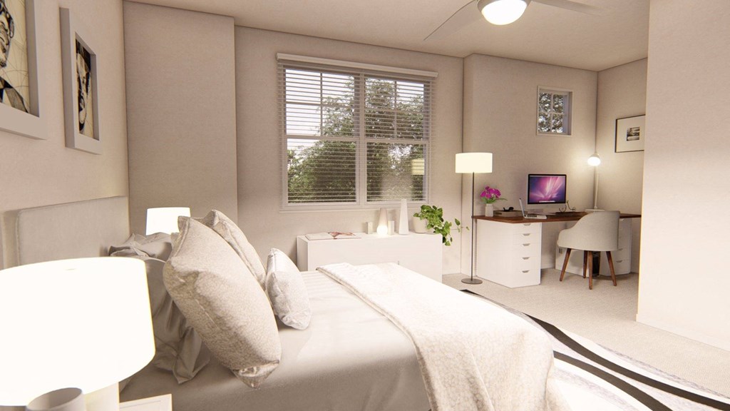 a bedroom with a bed and a desk at Brownstones at Palisade Park Townhomes, Broomfield, 80023
