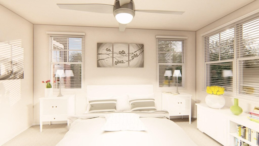 a bedroom with white walls and a ceiling fan at Brownstones at Palisade Park Townhomes, Broomfield, 80023