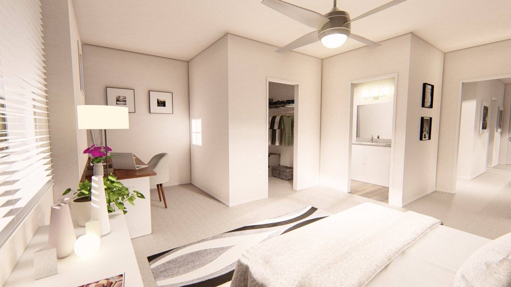 a bedroom with a bed and a ceiling fan at Brownstones at Palisade Park Townhomes, Broomfield Colorado