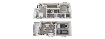 a 3d floor plan of a two story apartment with two bedrooms and a car garage at Brownstones at Palisade Park Townhomes, Colorado, 80023